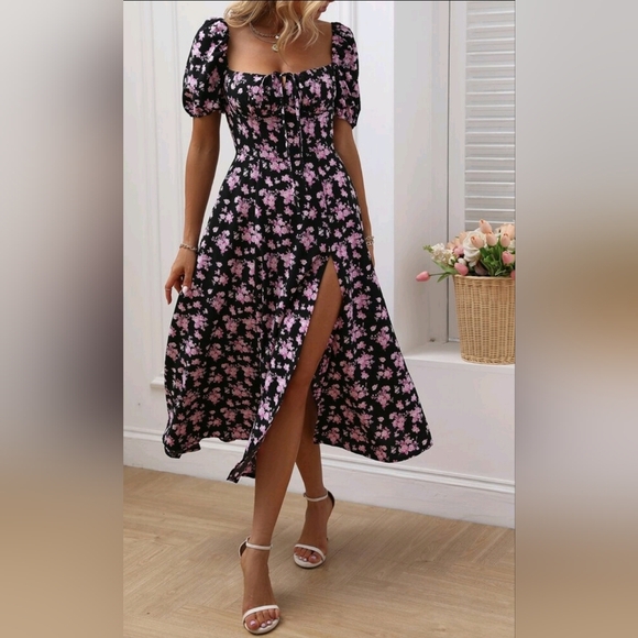 Boutique Dresses & Skirts - NEW Boho Floral Print Milkmaid Tie Midi Dress Black